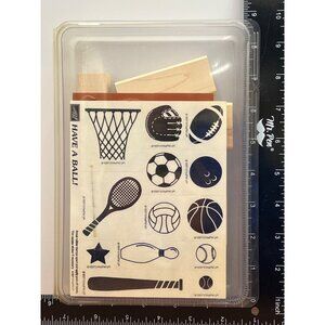 1997 STAMPIN' UP! HAVE A BALL WOOD MOUNTED RUBBER STAMP SET OF 13 SPORTS